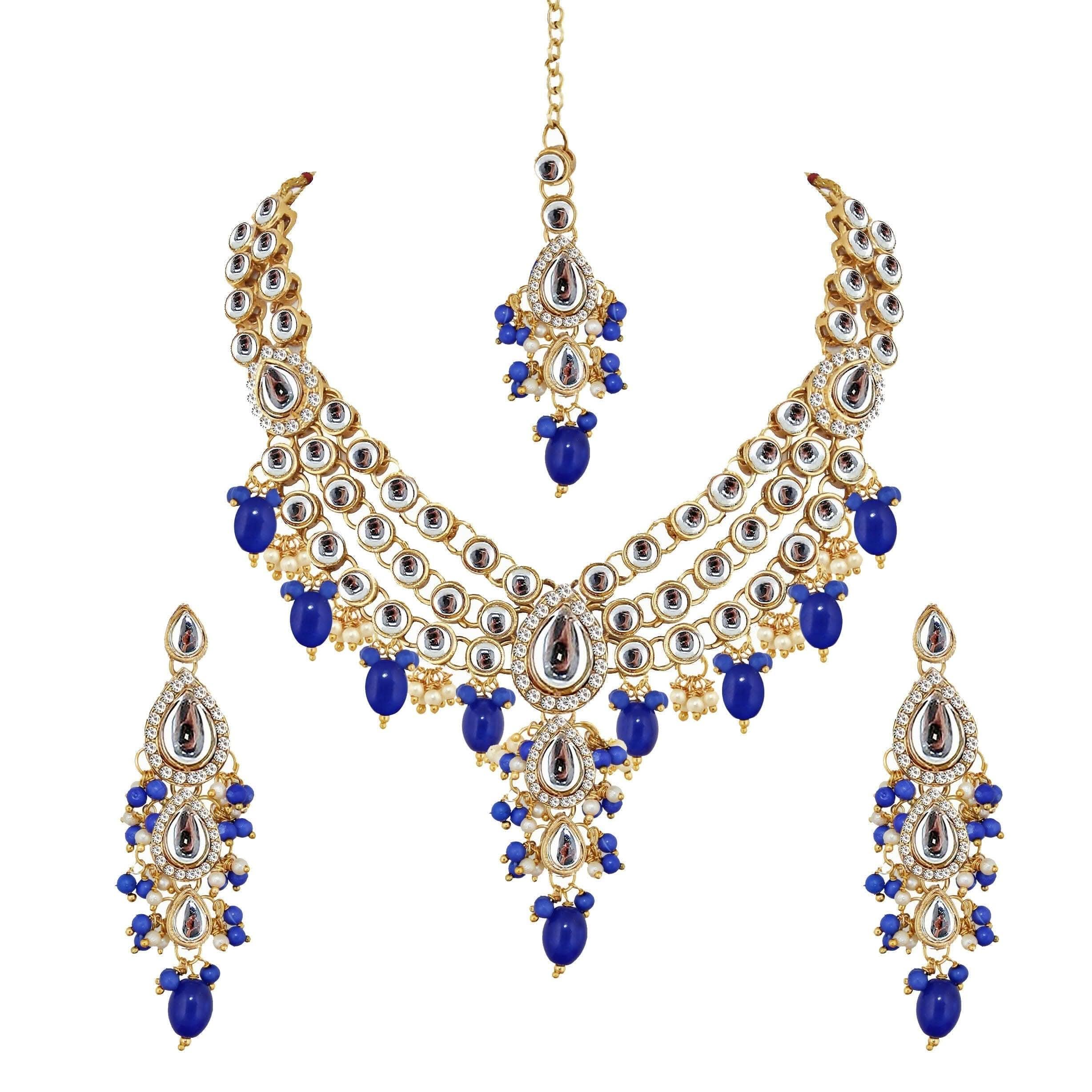 LUCKY JEWELLERY Gold Plated White Blue Color Tika Earring Necklace Combo Kundan Jewellery Set - HalfPe