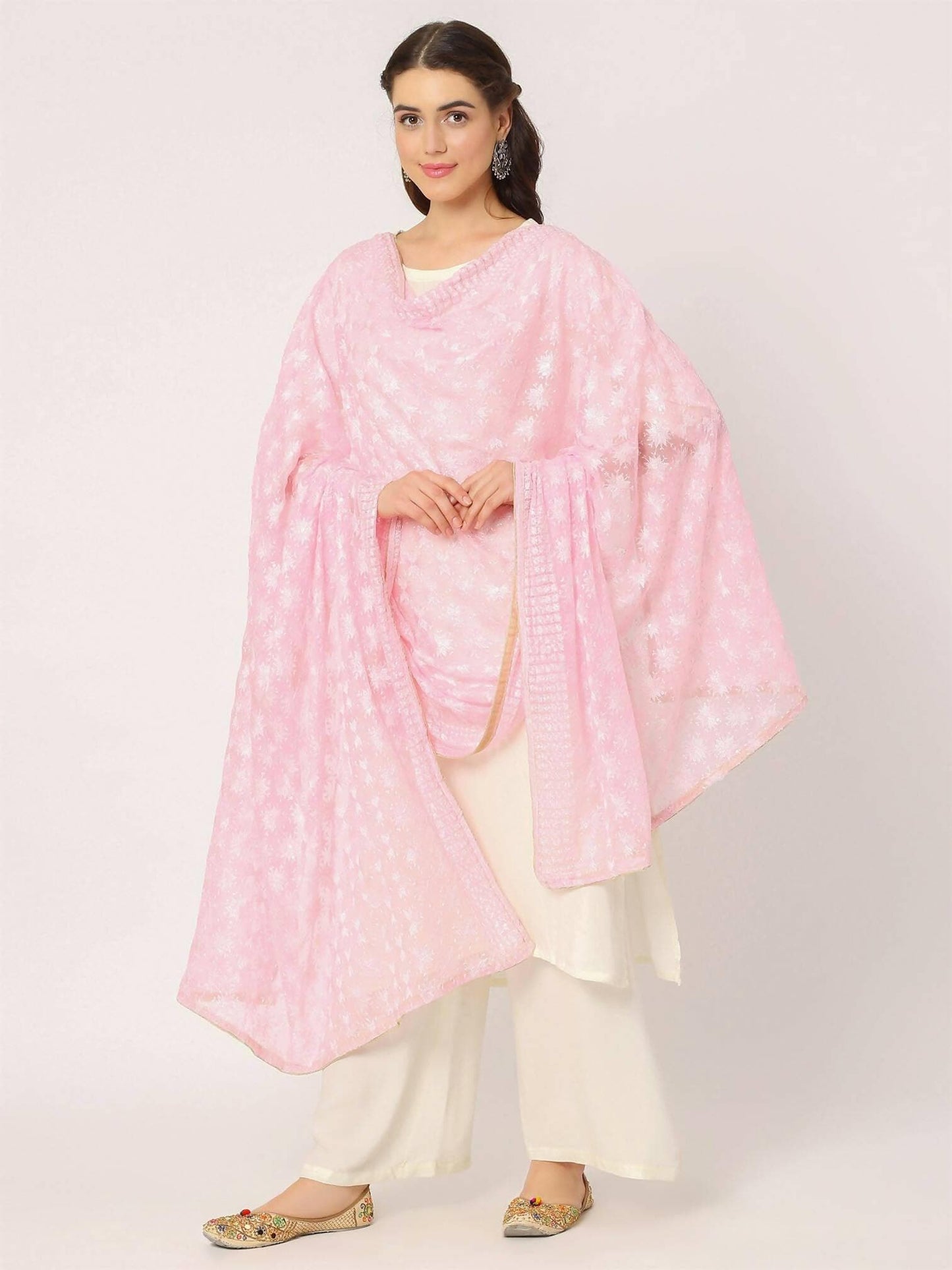 Baby Pink Sequined Phulkari Embroidery Dupatta - HalfPe