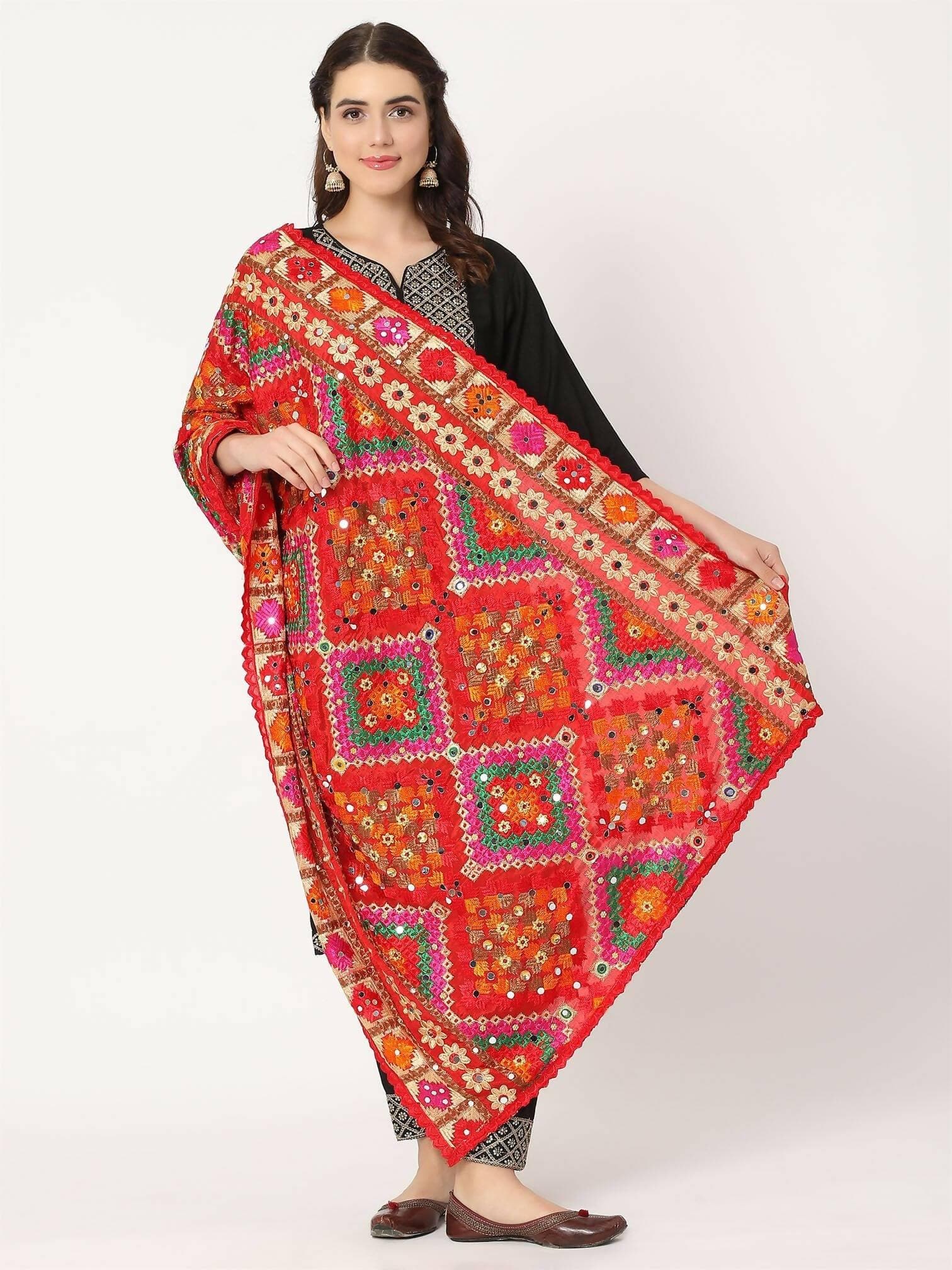 Red Multicolour Embroidery Phulkari Dupatta WIth Mirror Work - HalfPe