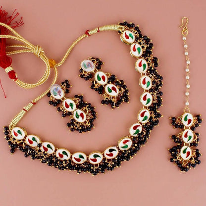 LUCKY JEWELLERY Back Meenakari 18k Gold Plated Black Color Tika Earring Combo Uncut Big Faux Kundan Choker Necklace set (796-J5SK-1811-BL) - HalfPe