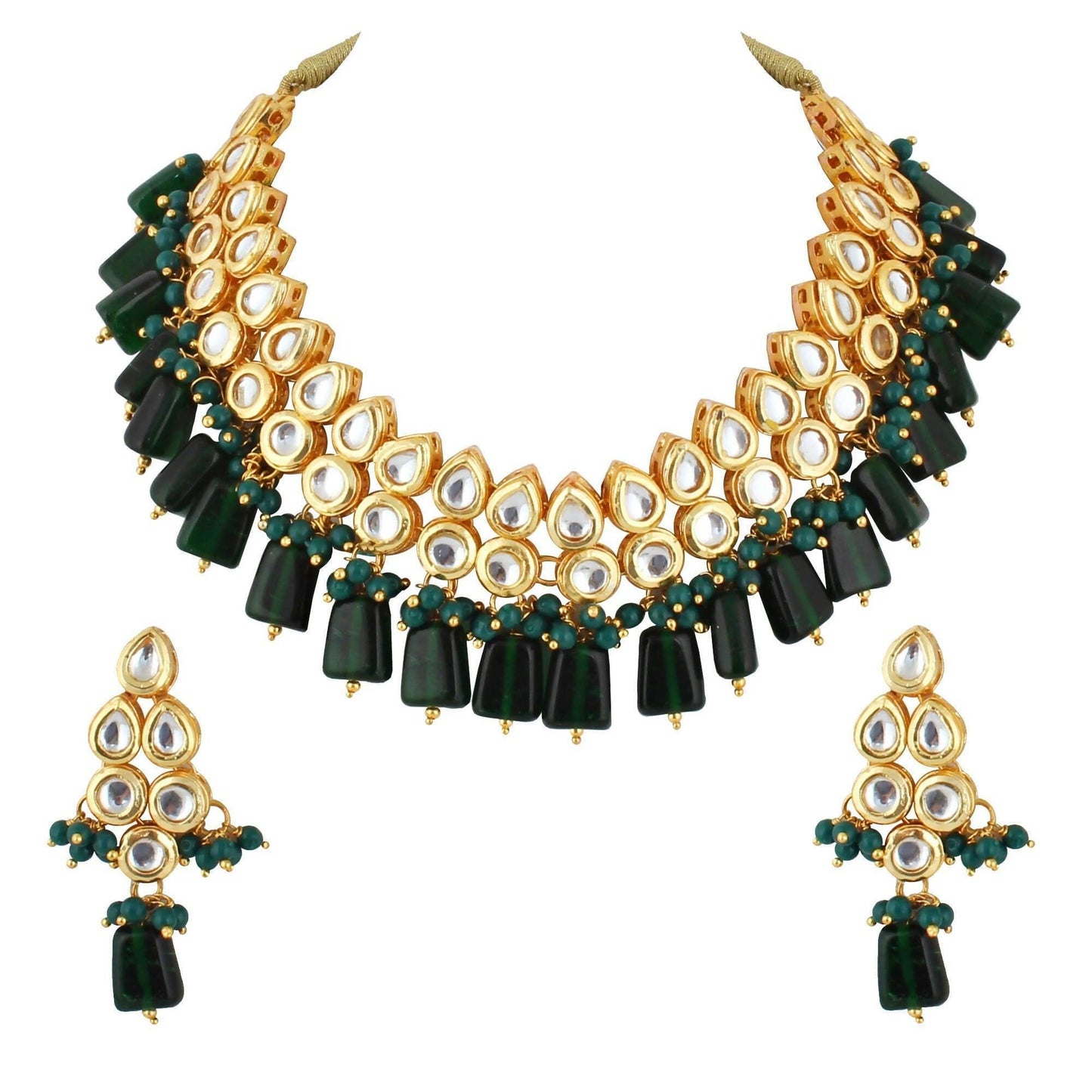 LUCKY JEWELLERY Back Meenakari 18k Gold Plated Green Color Tika Earring Combo Uncut Big Faux Kundan Choker Necklace set - HalfPe