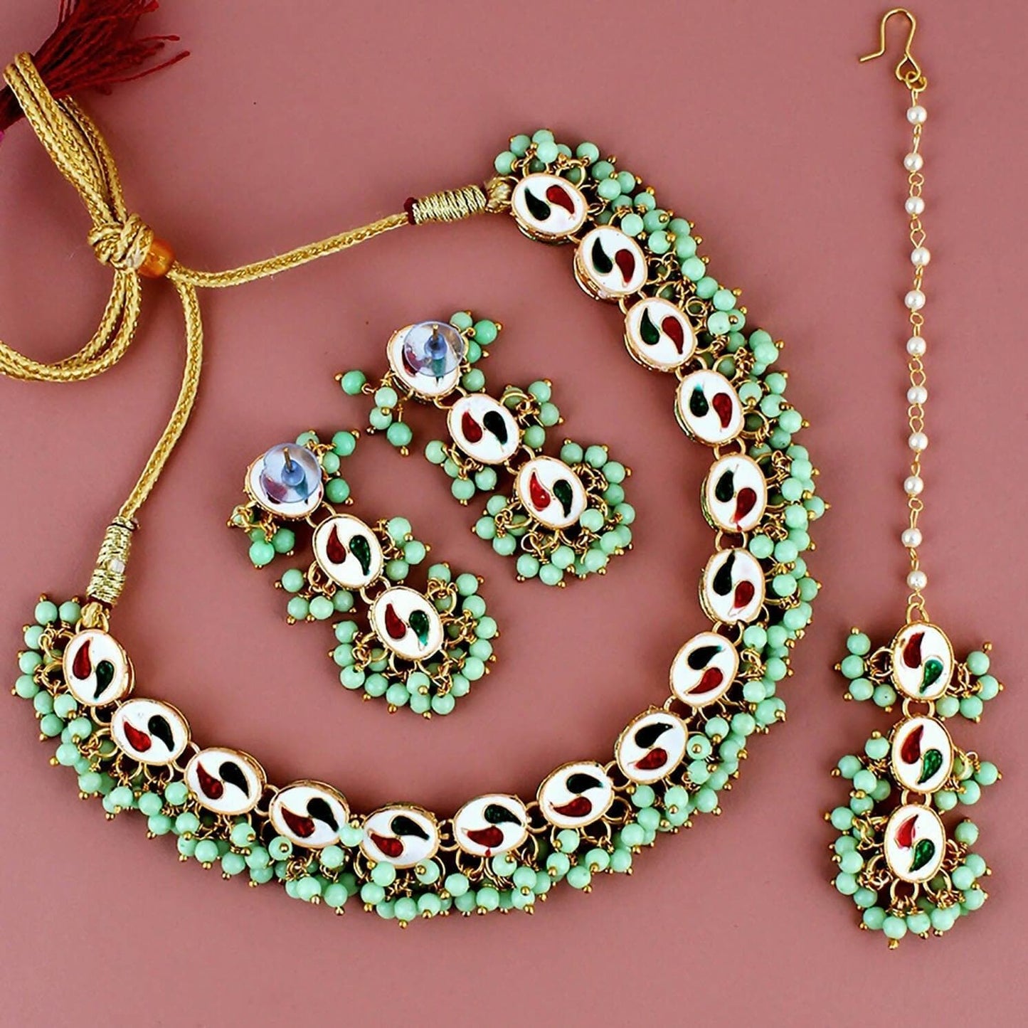 LUCKY JEWELLERY Back Meenakari 18k Gold Plated Mint Color Tika Earring Combo Uncut Big Faux Kundan Choker Necklace set - HalfPe