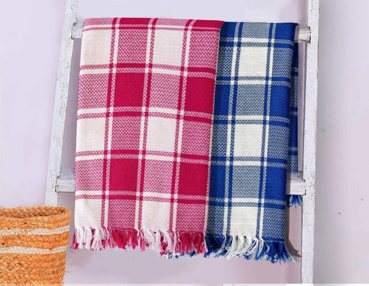 Lushomes Towels for Bath, Cotton Bath Towel Checks Combo, Towels for Bath Large Size, Red Blue Combo (Pack of 2 - Pink & Blue) - HalfPe