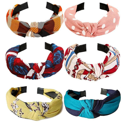 SENECIO Korean Style Solid Printed Fabric Knot Bow Plastic Hairband For Women & Girls (Pack of 6) - HalfPe