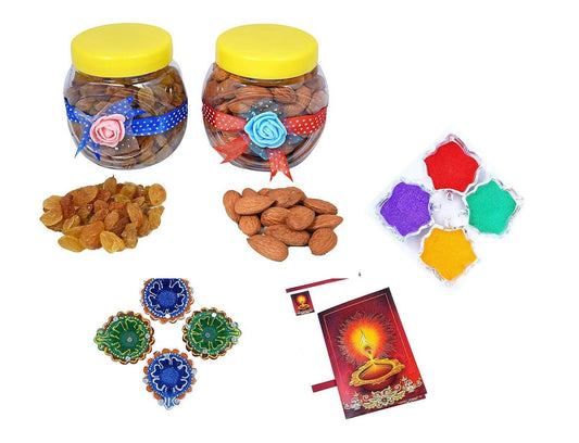 MANTOUSS Diwali Dry Fruit Decorated Jar-Almond and Raisin(100gms Each),200 GMS + 2 earthern Diya, Diwali Greeting Card and Rangoli Colours - HalfPe