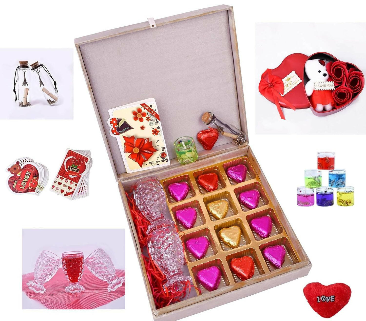 MANTOUSS Chocolate Gift for Girlfriend/Valentines Hamper-Red Box Filled with Chocolates+2 Shot Glasses+Glass Candle+Card+Message Bottle+Fur Love Heart+3pc Roses and Teddy Bear in a Heart Shaped Box - HalfPe