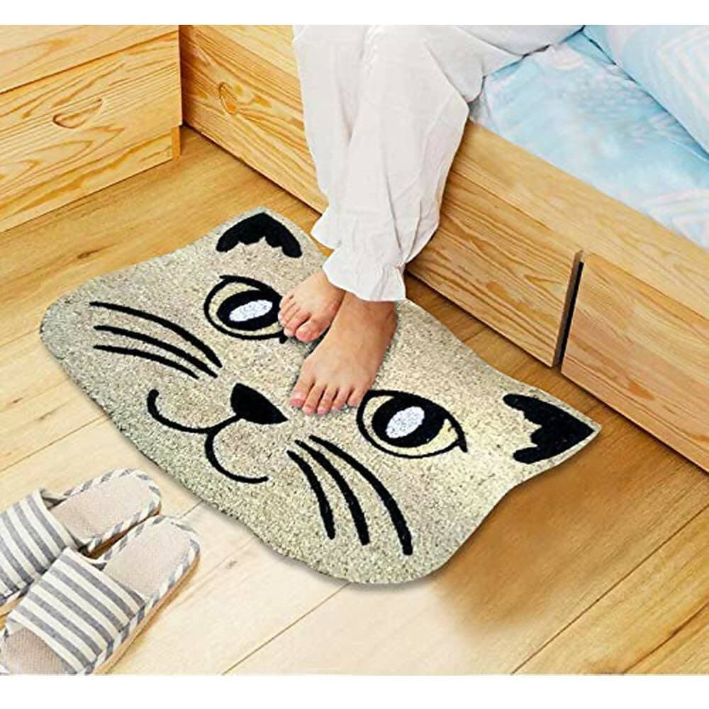 Mats Avenue Cat Shaped Natural Coir Mat Printed Beige for Kids Room , Schools , Play Room 40 X60 CM Set of 1 - HalfPe