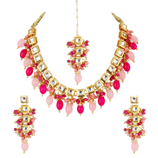 LUCKY JEWELLERY Back Meenakari 18k Gold Plated Multi Color Tika Earring Combo Uncut Big Faux Kundan Choker Necklace set (660-J5SK-1664-PKR) - HalfPe