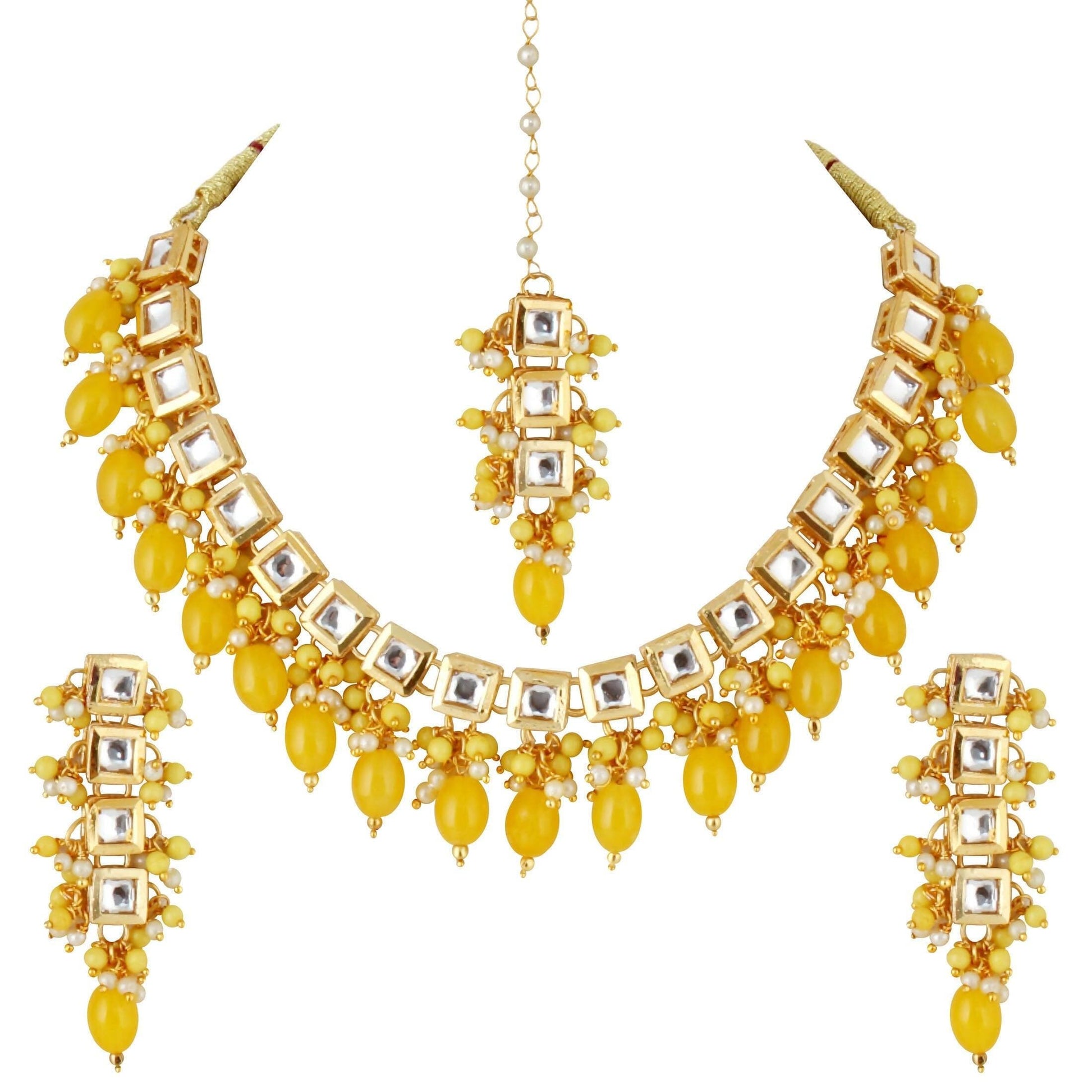 LUCKY JEWELLERY Back Meenakari 18k Gold Plated Yellow Color Tika Earring Combo Uncut Big Faux Kundan Choker Necklace set (660-J5SK-1664-Y) - HalfPe