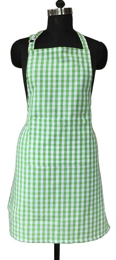 Lushomes Cotton Checks Kitchen Chef Apron with Pocket and Adjustable Buckle (Green & White) - HalfPe