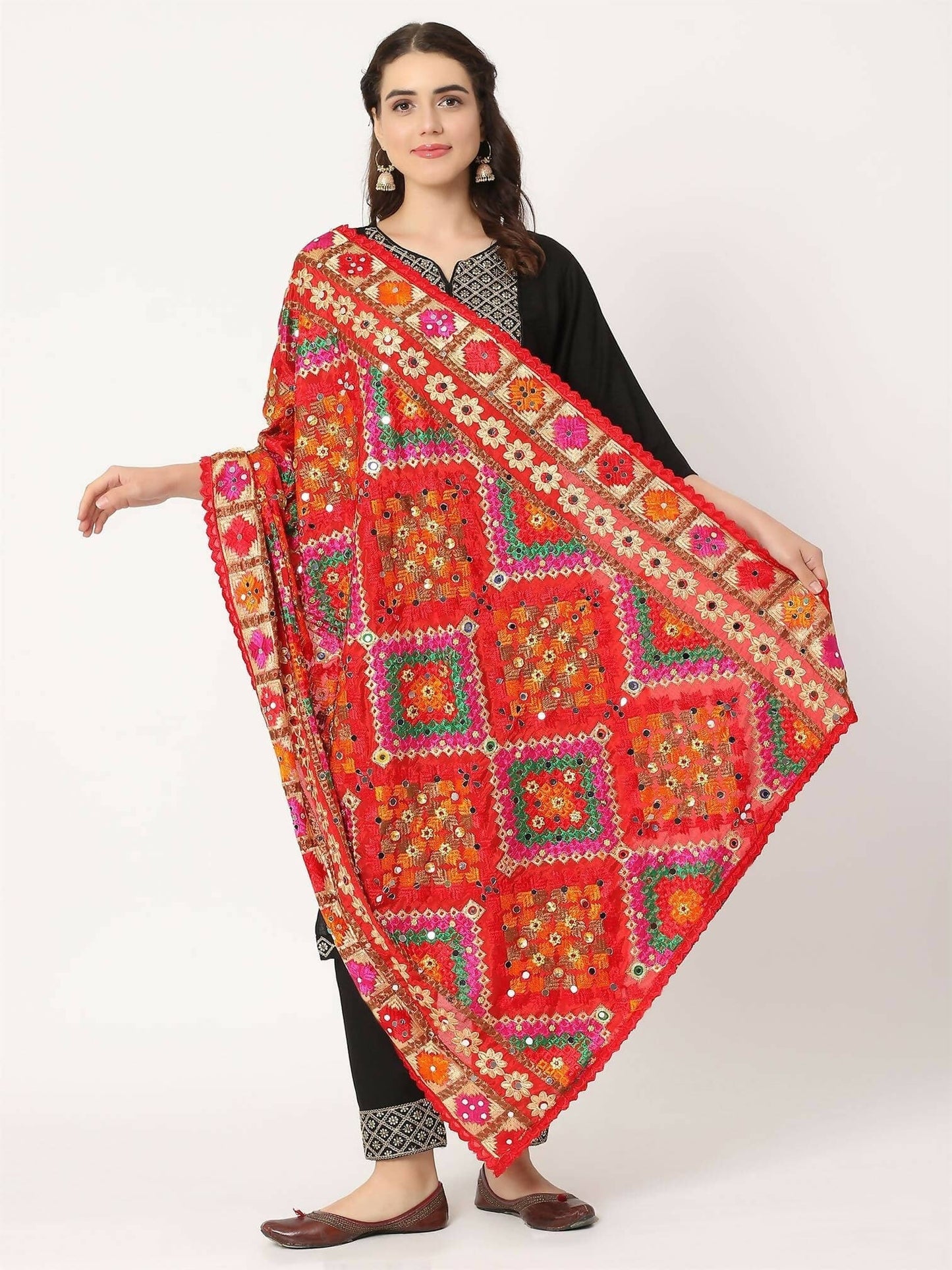 Red Multicolour Embroidery Phulkari Dupatta WIth Mirror Work - HalfPe