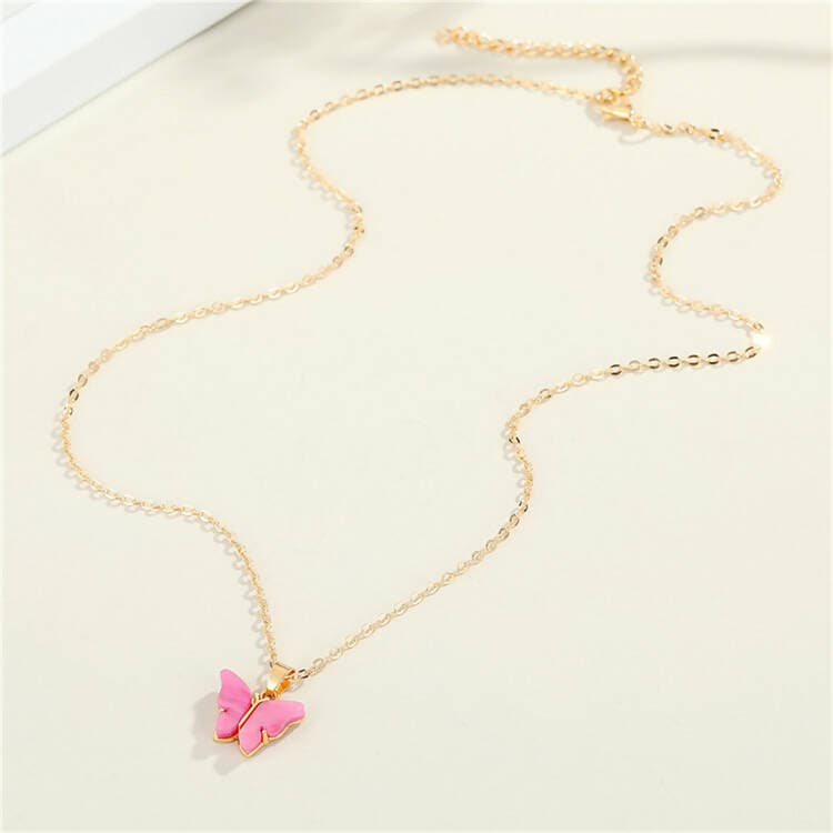 Pinapes Stylish Gold Chain Plated Multi-Color Butterfly Pendant Necklace for Women and Girls (Pink, pack of 2) - HalfPe