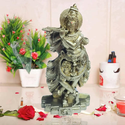 Mats Avenue Poly Marble Lord shri Krishna Playing Flute Standing Idol (9x18 CM) - HalfPe