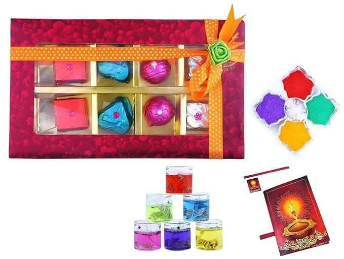 MANTOUSS Happy Diwali Chocolate Gift (Pink Decorative Box) + 2 Gel Filled Glass Candle, Diwali Greeting Card and Rangoli Colours - HalfPe