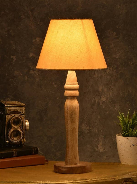 Green Girgit Round Brown Lamp With Taper Yellow Cotton Shade - HalfPe