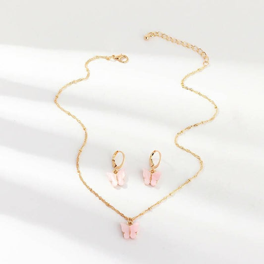 Pinapes Butterfly Hoop Earring Pendant Necklace Acrylic Butterfly Necklace Huggie Drop Earrings Set, Simple Charm Color Suit for Women Teens Girls (Light Pink) - HalfPe