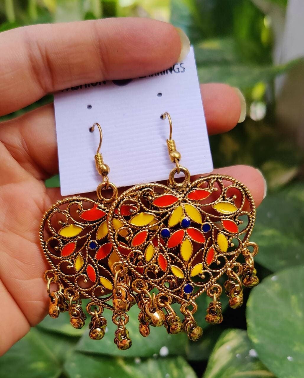 Pinapes Handcrafted Heart shape Jhumka Earrings for a Stunning Look (Set of 2 - Yellow & Red) - HalfPe