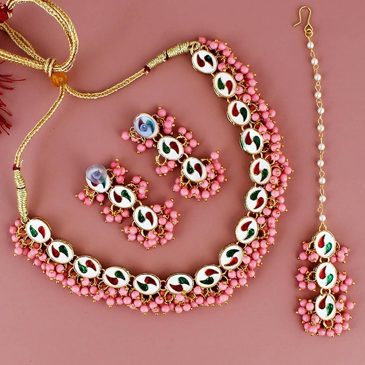 LUCKY JEWELLERY Back Meenakari 18k Gold Plated Pink Color Tika Earring Combo Uncut Big Faux Kundan Choker Necklace set - HalfPe