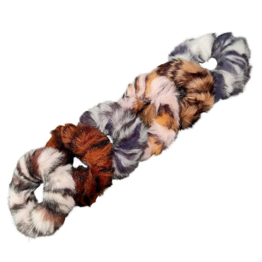 SENECIO Tiger Striped Print Soft Faux Fur Scrunchies Multicolor Hair Tie Ponytail Holder Rubber Band (6pcs) - HalfPe