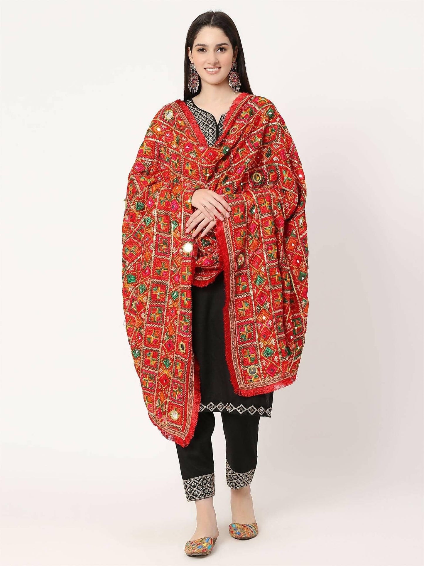 Red Mullticolour Embroidery Phulkari Dupatta with Mirror Work - HalfPe