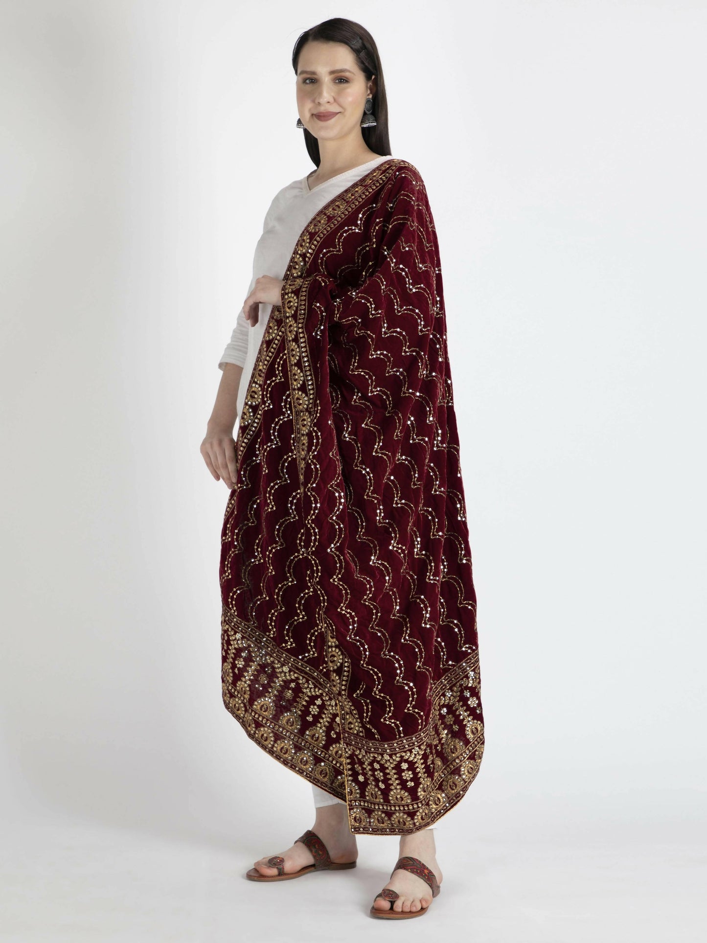 Marron Embroidered Dupatta For Women - HalfPe