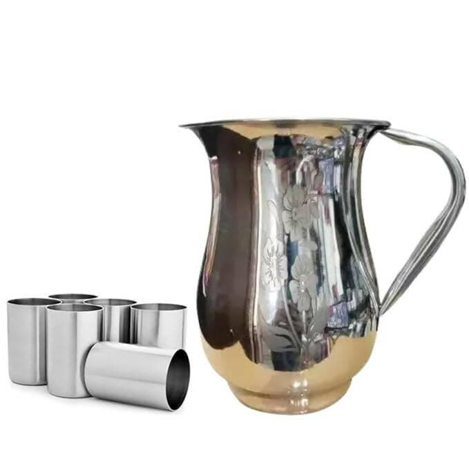 SHINI LIFESTYLE Stainless Steel Flower Jug with Glass Combo, Water Jug (7) - HalfPe