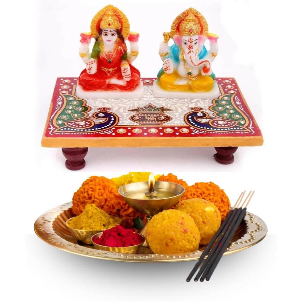 santarms Marble Laxmi Ganesh Idol with Chowki - HalfPe