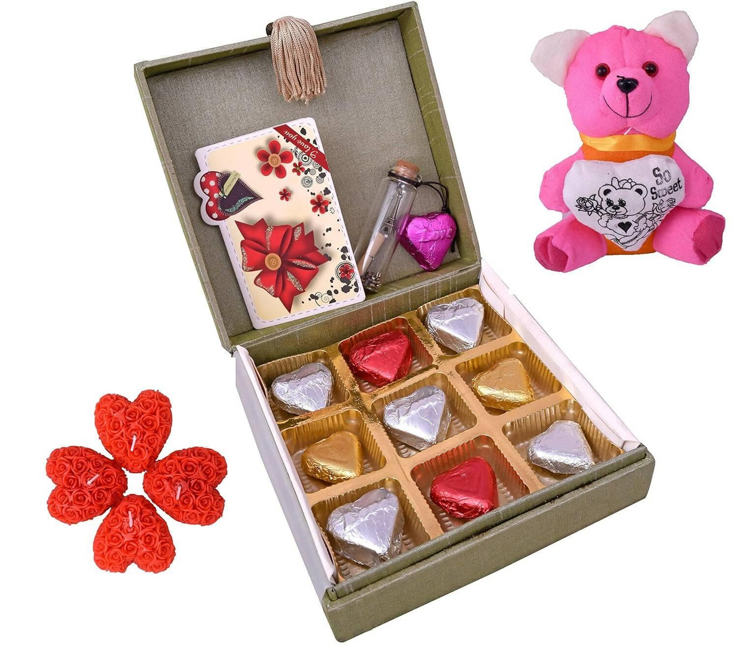 MANTOUSS Valentines Day Chocolate Gift Pack for Girl Friend/Boy Friend+ Cute Teddy Bear + Valentines Day Greeting Card + Love Message Bottle+ Heart Shaped Candle - HalfPe