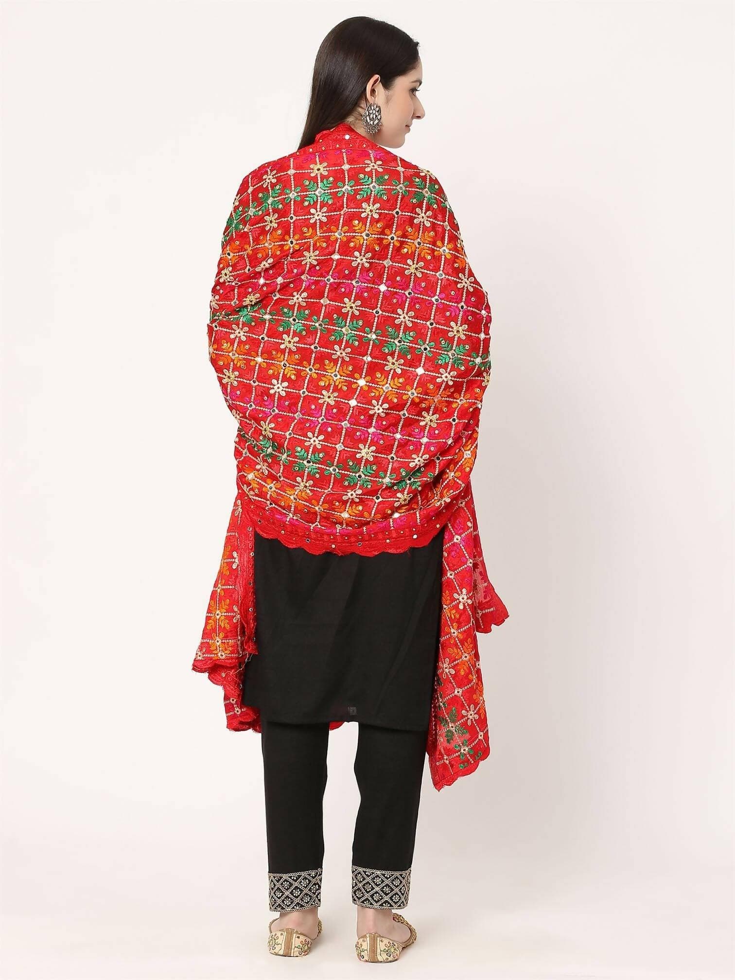 Red Multicolour Floral Design Embroidery Phulkari Dupatta with Mirror - HalfPe