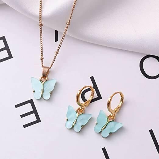 Pinapes Butterfly Hoop Earring Pendant Necklace Acrylic Butterfly Necklace Huggie Drop Earrings Set, Simple Charm Color Suit for Women Teens Girls (Light Blue) - HalfPe