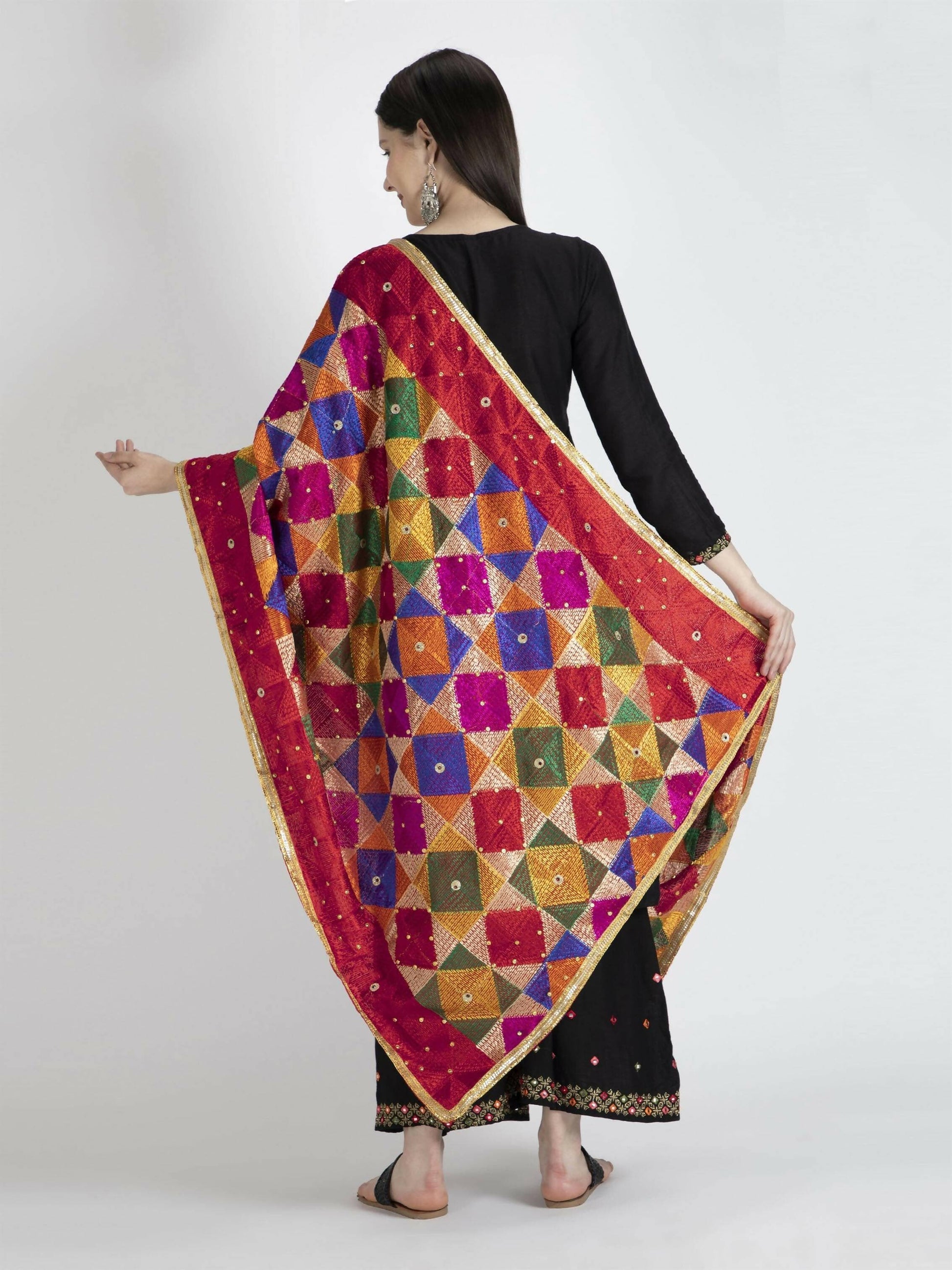 Multicolour Phulkari with gold Lace dupatta - HalfPe