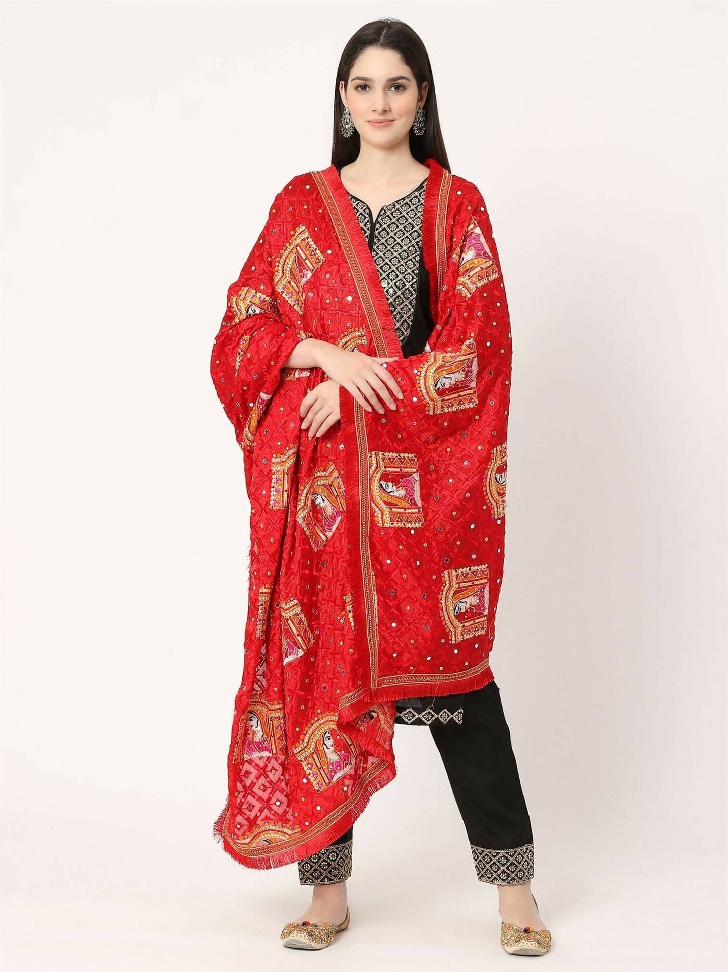 Doli Design Red Multicolour Embroidery Phulkari Dupatta With Mirror - HalfPe