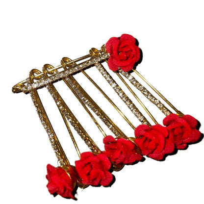 SENECIO Golden Diamond Crystal Studded Floral Romantic Love Brooch Safety Pin Hair Clip Hijab Saree Pin Combo Set For Girls & Women ( 6pcs Red Rose) - HalfPe