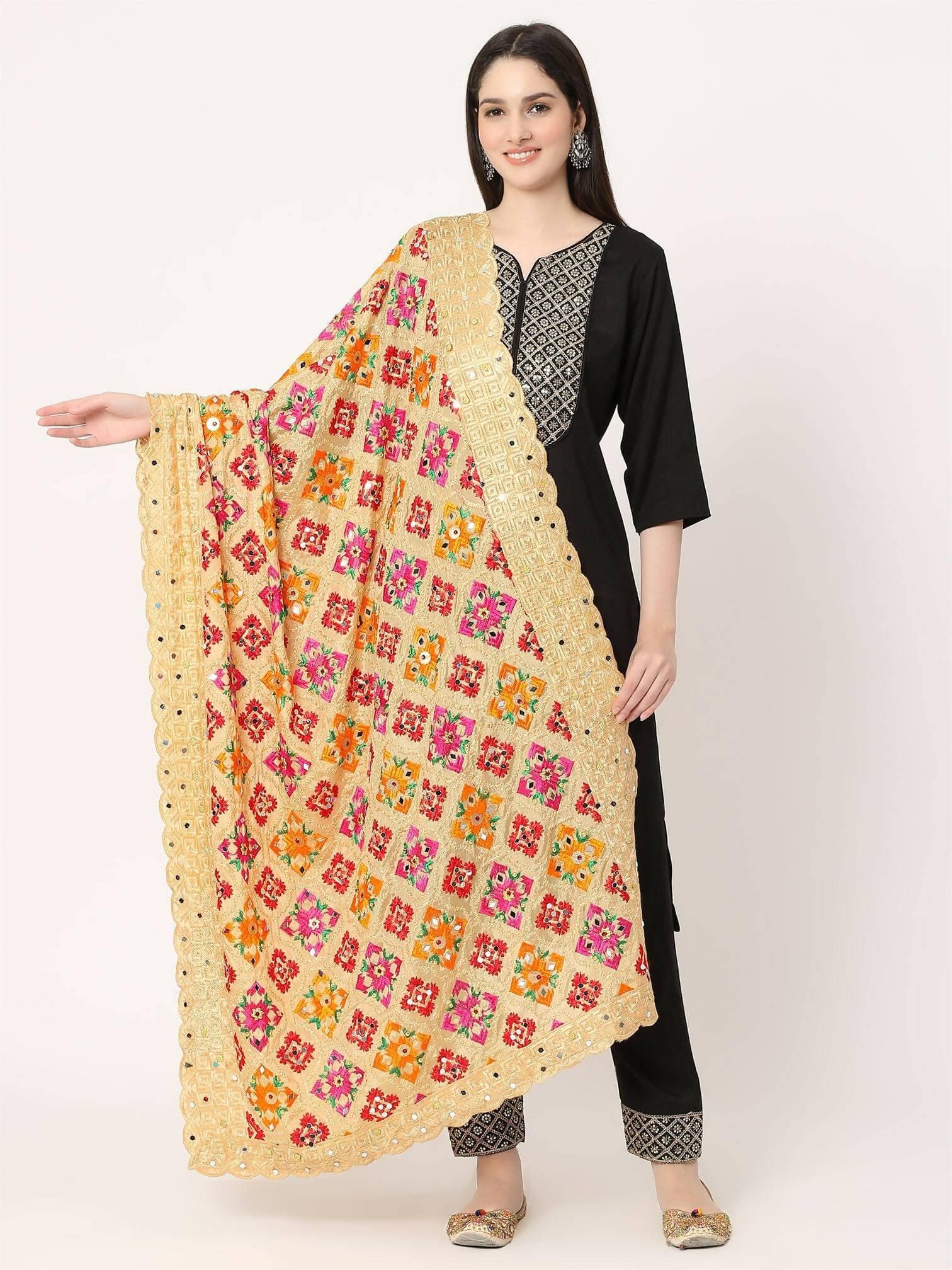 Beige Multicolour Embroidery Phulkari Dupatta with Beads - HalfPe