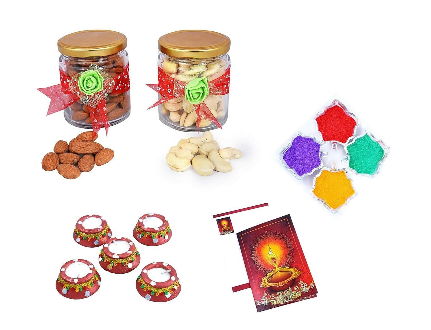 MANTOUSS Diwali Dry Fruit Decorative Glass Jar-Almond and Cashew(100gms Each),200 GMS + 2 Matki Wax Filled Diya, Diwali Greeting Card and Rangoli Colours - HalfPe