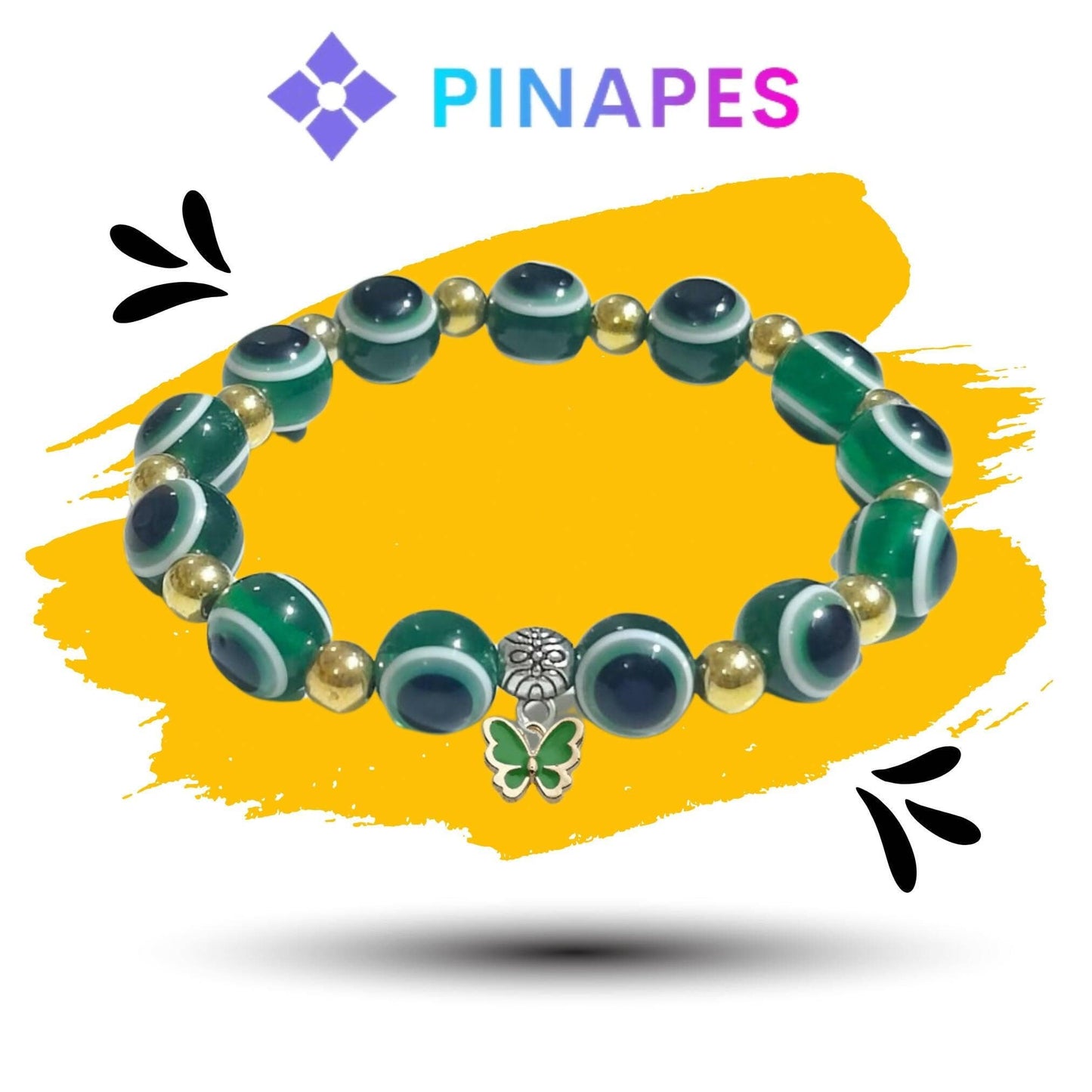 Pinapes artisanal beaded bracelet with tiny butterfly charms, “Nature’s Beauty(dark green) - HalfPe