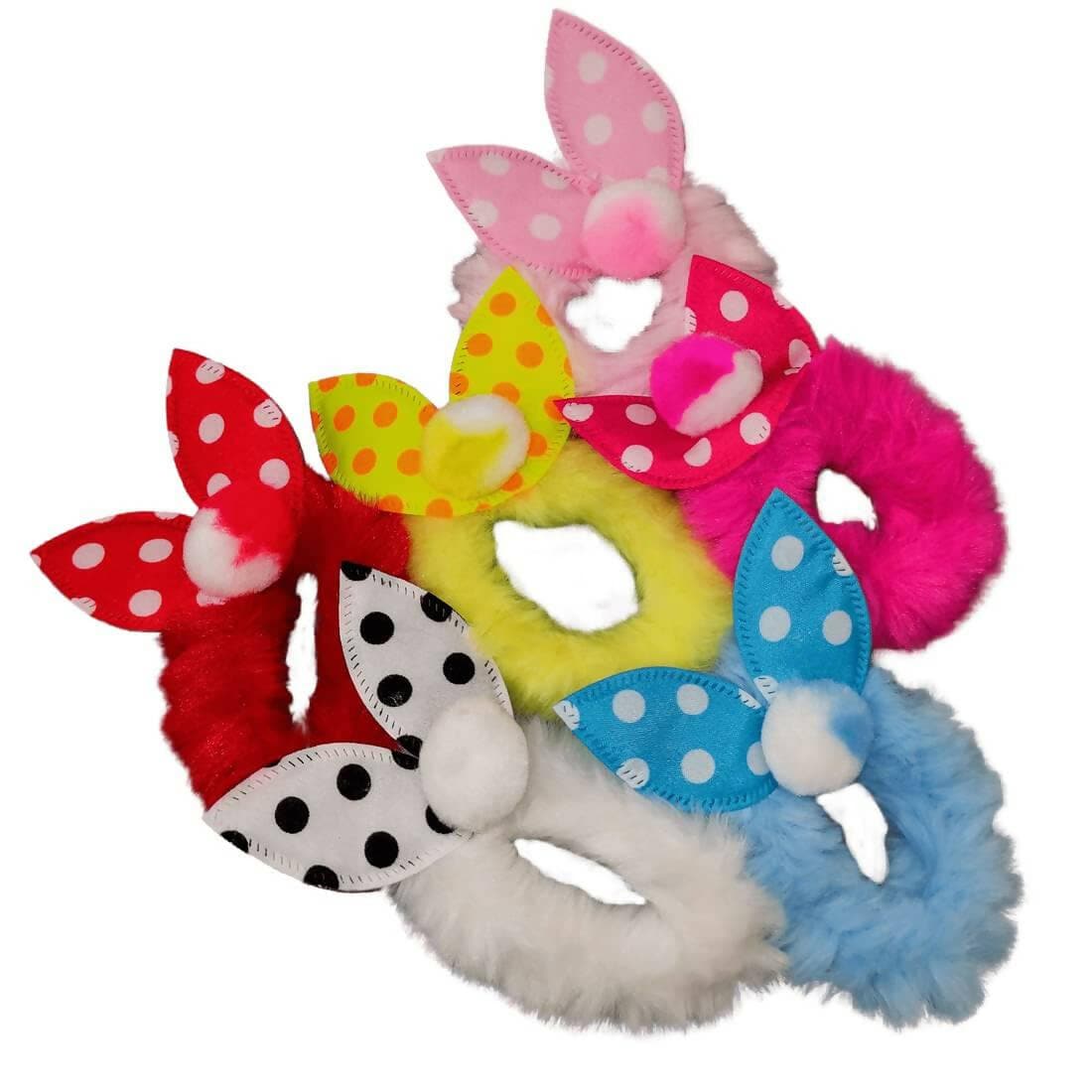 SENECIO Polka Dot Rabbit Ear Bunny Fluffy Fur Soft Multicolor Rubber Band Hair Tie Scrunchies(6Pc ) - HalfPe