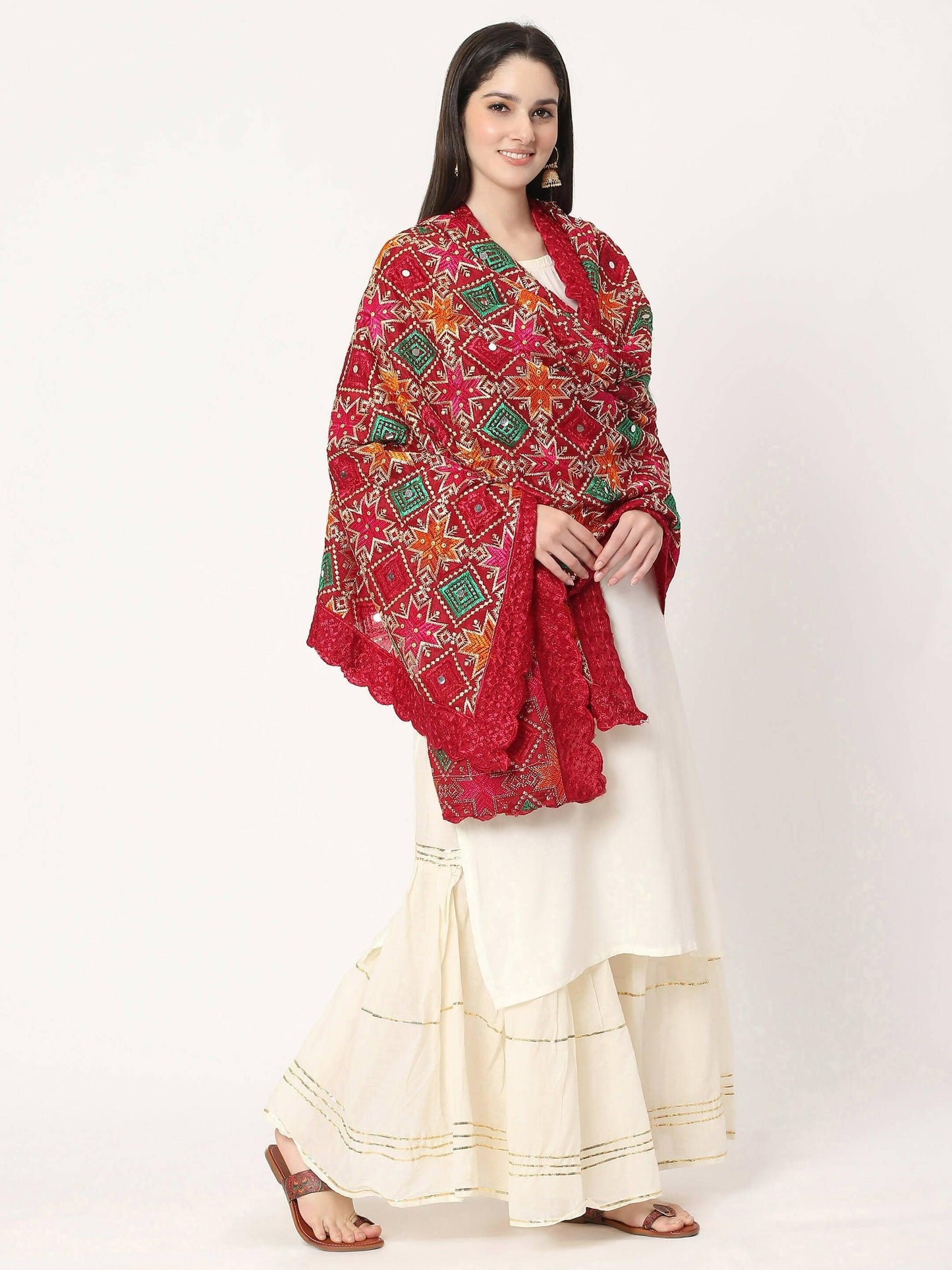 Maroon Multicolour Embroidery Phulkari Dupatta with Mirror Work - HalfPe