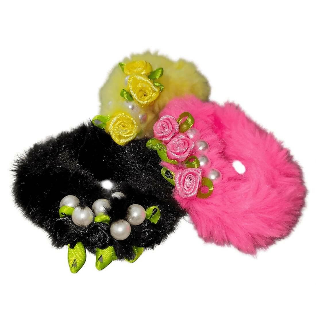 SENECIO Set Pearl With Lovely Rose Fluffy Fur Soft Mix Multicolor Rubber Band Hair Tie Scrunchies(3Pc)VERSATILE & COMFORTABLE Quality product from SENECIO Fashion House 3Pc Multicolor - HalfPe