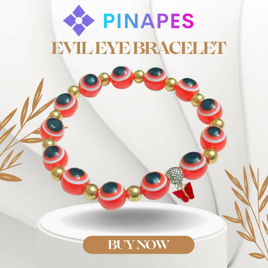 Pinapes Butterfly Beads and Evil Eye Charm Bracelet A Must-Have for Fashionable and Superstitious Women with red butterfly (red) - HalfPe