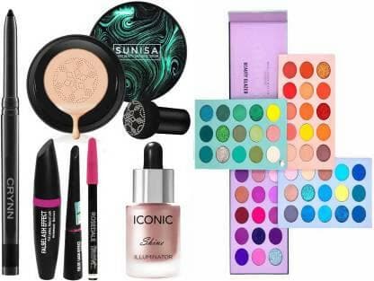 Crynn Smudge Proof Waterproof Long Lasting Kajal & Korean Mushroom Air Cushion Sunisa CC Cream Foundation & Rosedale 3in1 Eyeliner , Mascara , Eyebrow Pencil & Professional Iconic Shine Illuminator Highlighter & Beauty Glazed Color Board 60 Shades Eyeshad - HalfPe