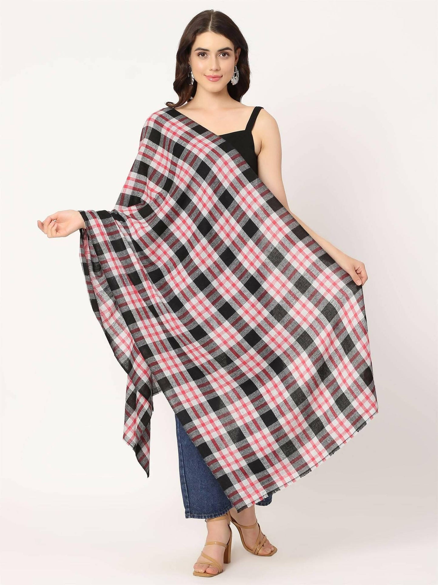 Red and Black Check Stole for women - HalfPe