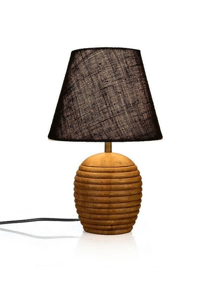 Striped Wooden Brown Lamp With Black Jute Shade - HalfPe