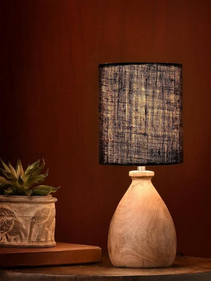 Wooden Dome Table Lamp With Jute Black Shade - HalfPe