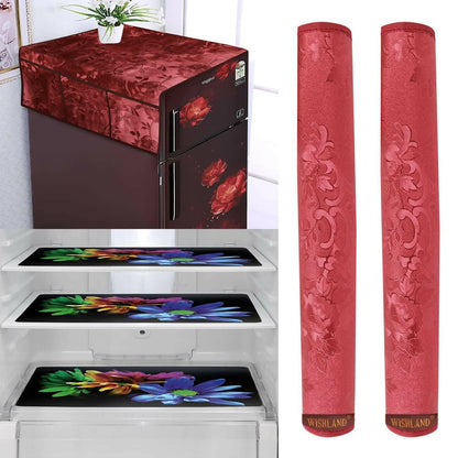 WISHLAND 1 Pc Fridge Cover for Top with 6 Pockets + 2 Handle Cover + 3 Fridge Mats( Fridge Cover Combo Set of 6 Pcs- red) - HalfPe