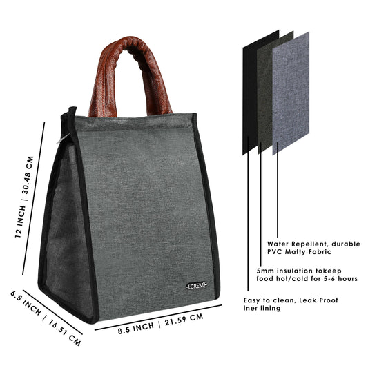 LOREM Grey Linen Textured Insulated Tiffin Bag/Lunch Bag for Men & Women Office - HalfPe
