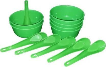 Plastic Soup Bowl With Spoon (Green, Pack of 6) - HalfPe