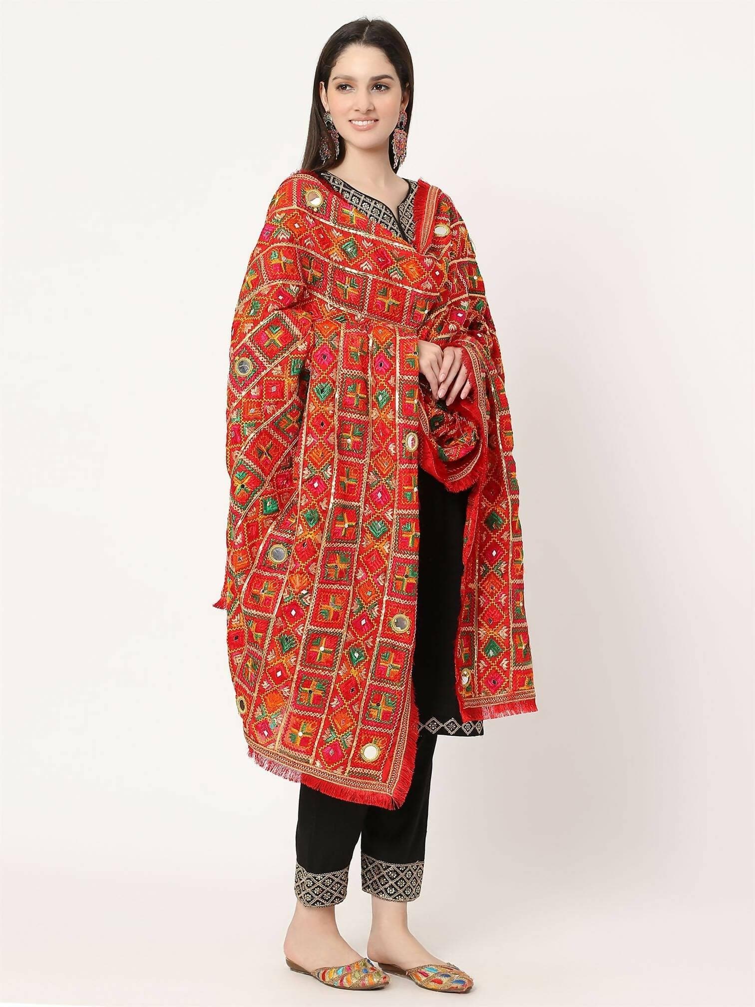 Red Mullticolour Embroidery Phulkari Dupatta with Mirror Work - HalfPe