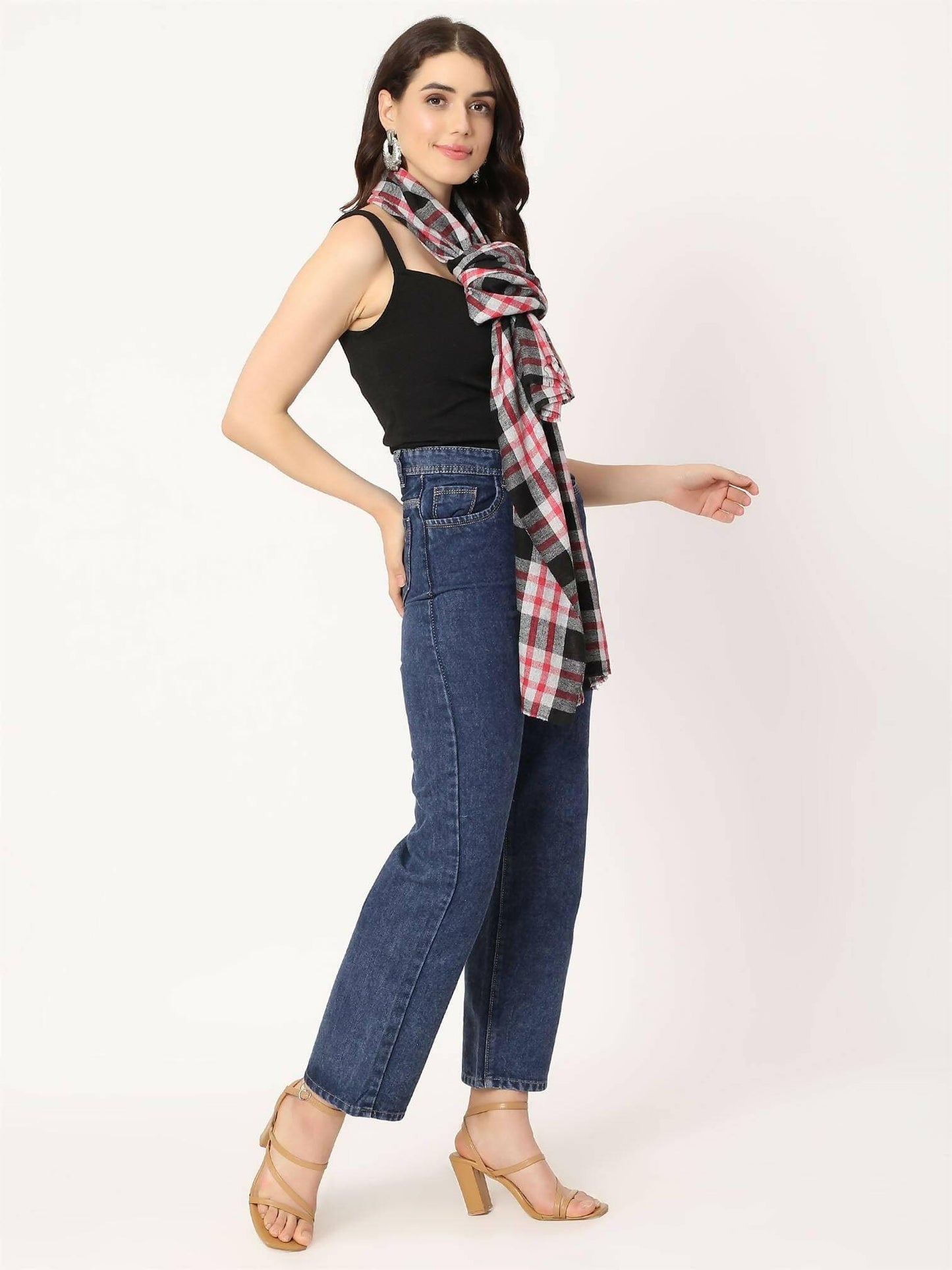 Red and Black Check Stole for women - HalfPe