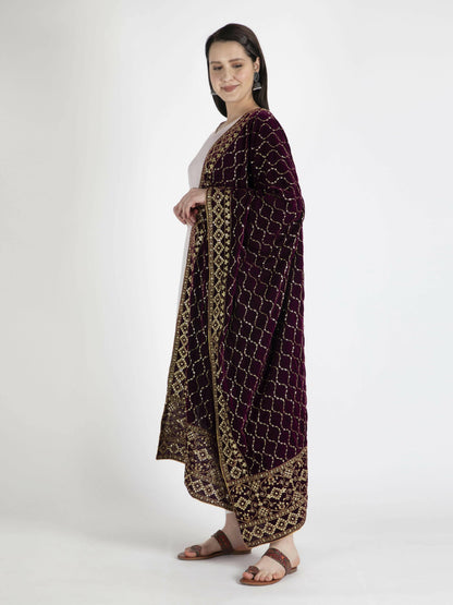 Brown Embroidered Shawl Dupatta For Women - HalfPe